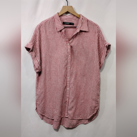 Ralph Lauren 100% Linen Striped Button Shirt Womens XL White Red Casual Comfy - Picture 2 of 9